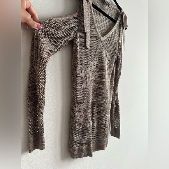 Vintage Y2K Women’s Cold Shoulder Knit Long Sleeve Brown & Gold Top Size Small - Picture 2 of 8